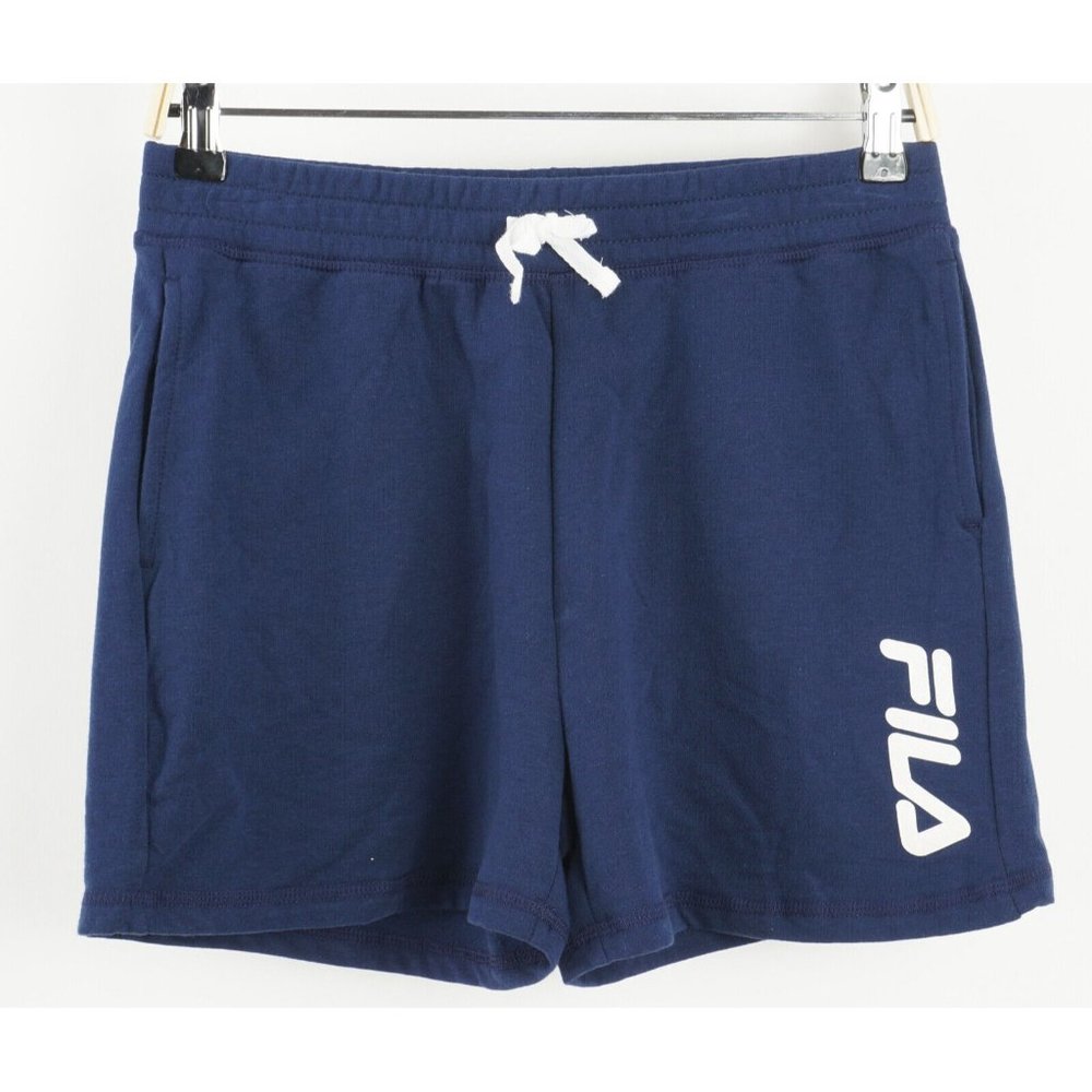 New Fila Boys L 14/16 Blue Fleece Lined Cotton Blend Logo Drawstring Sweat Short